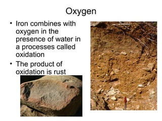 Oxygen 
• Iron combines with 
oxygen in the 
presence of water in 
a processes called 
oxidation 
• The product of 
oxidation is rust 
 