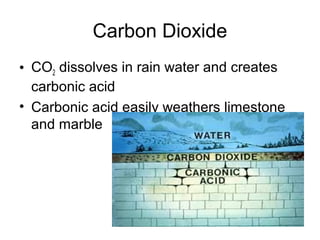 Carbon Dioxide
• CO2 dissolves in rain water and creates
carbonic acid
• Carbonic acid easily weathers limestone
and marble
 