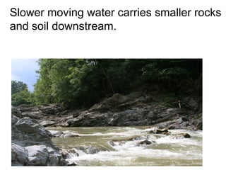 Slower moving water carries smaller rocks
and soil downstream.
 