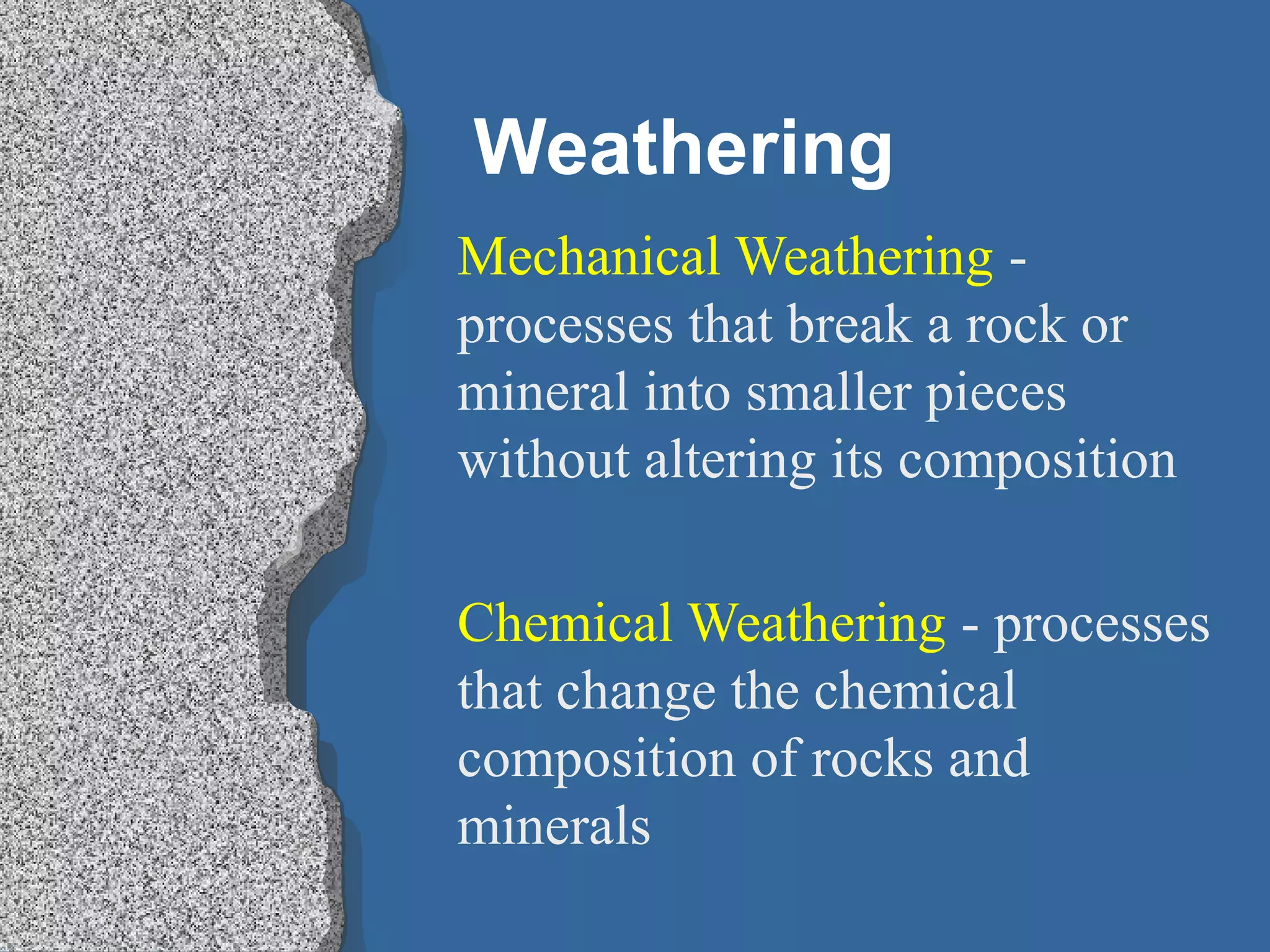 Weathering
Mechanical Weathering -
processes that break a rock or
mineral into smaller pieces
without altering its composition
Chemical Weathering - processes
that change the chemical
composition of rocks and
minerals
 
