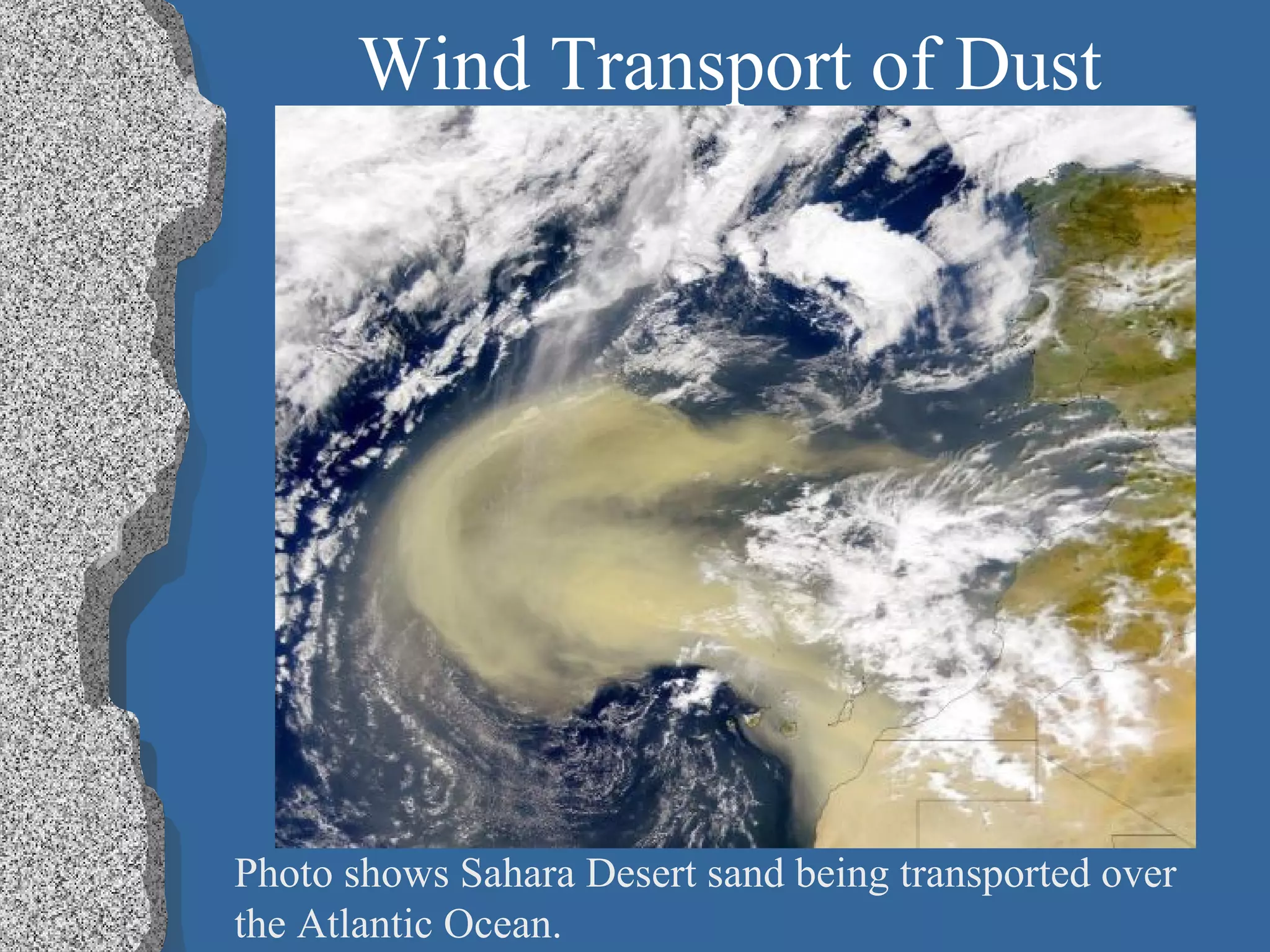 Wind Transport of Dust
Photo shows Sahara Desert sand being transported over
the Atlantic Ocean.
 