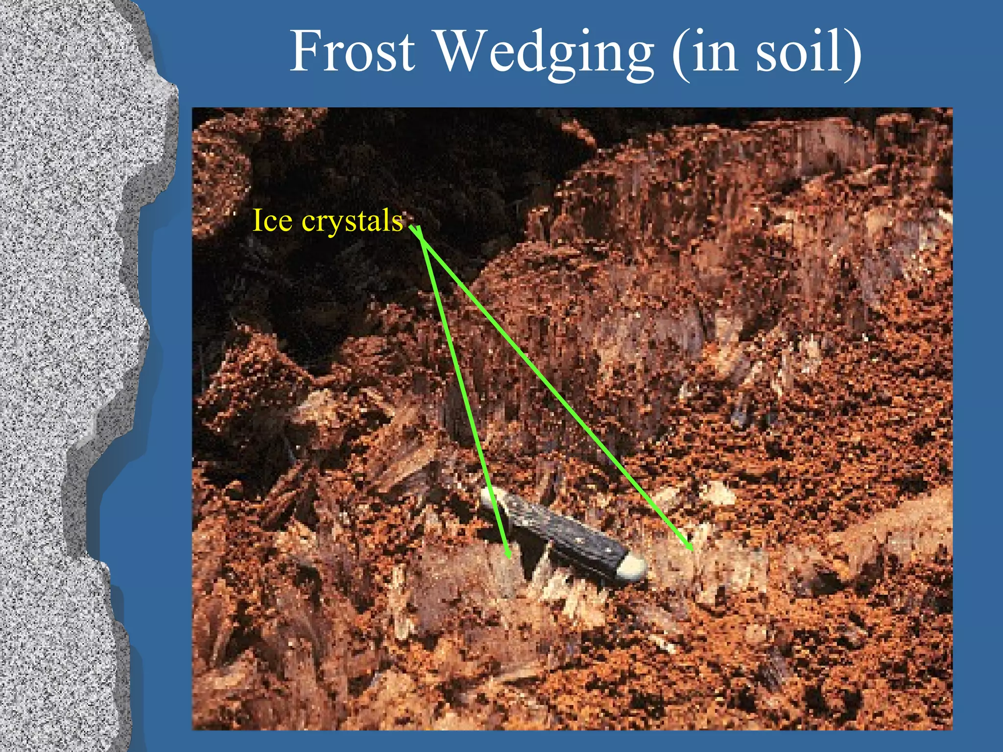 Frost Wedging (in soil)
Ice crystals
 