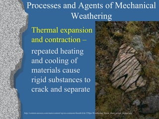 Processes and Agents of Mechanical
Weathering
Thermal expansion
and contraction –
repeated heating
and cooling of
materials cause
rigid substances to
crack and separate
http://content.answers.com/main/content/wp/en-commons/thumb/d/dc/250px-Weathering_freeze_thaw_action_iceland.jpg
 