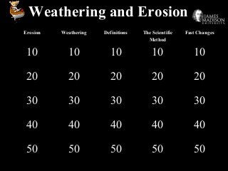 Weathering and Erosion
Erosion Weathering Definitions The Scientific
Method
Fast Changes
10 10 10 10 10
20 20 20 20 20
30 30 30 30 30
40 40 40 40 40
50 50 50 50 50
 