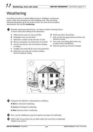 Weathering, rivers and coasts NEW KEY GEOGRAPHY Connections pages 6–7
Weathering
1.1
NEW KEY GEOGRAPHY Connections Teacher’s Resource © Nelson Thornes 200623
១1 Read the statements listed below. Use them as labels, drawing arrows
to show where they belong in the illustration.
១2 Categorise the labels by colouring them as follows:
N Red for chemical weathering.
N Green for biological weathering.
N Blue for freeze–thaw weathering.
១3 How can the building be protected against each type of weathering?
១4 Which side of your home do you think suffers the most from weathering?
Explain your answer.
Everything around us is slowly falling to pieces. Buildings, monuments,
roads, coasts and mountains are all crumbling away. They are being
attacked and broken up by the action of rain, sun, frost and even plants
and animals. We call this weathering.
A Water freezes and can crack roof tiles.
B Drainpipes may rust and leak.
C Rainwater contains small amounts of acid.
D Mosses and plants can make holes in roof felt.
E Insects may burrow into roof timbers leading
to rotting.
F Sunlight and wind will dry and crack paintwork.
G Rainwater can soak into wooden window
frames leading to rotting.
H Wind may blow off roof tiles.
I Rain can get into gaps between bricks and
dissolves mortar.
J Tree roots and rotting plant roots may
weaken house foundations.
K Warmth speeds up chemical changes.
 