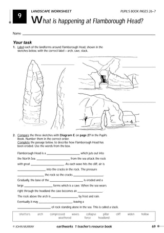 9
LANDSCAPE WORKSHEET PUPIL’S BOOK PAGES 26–7
What is happening at Flamborough Head?
Name ________________________________________________________________________________
© JOHN MURRAY earthworks 1 teacher’s resource book 69
Your task
1. Label each of the landforms around Flamborough Head, shown in the
sketches below, with the correct label – arch, cave, stack.
2. Compare the three sketches with Diagram E on page 27 in the Pupil’s
Book. Number them in the correct order.
Complete the passage below, to describe how Flamborough Head has
been eroded. Use the words from the box.
Flamborough Head is a ____________________ which juts out into
the North Sea. ____________________ from the sea attack the rock
with great ____________________. As each wave hits the cliff, air is
_________________ into the cracks in the rock. The pressure
________________ the rock so the cracks __________________.
Gradually, the base of the ____________________ is eroded and a
large _________________ forms which is a cave. When the sea wears
right through the headland the cave becomes an _______________.
The rock above the arch is ________________ by frost and rain.
Eventually it may ____________________, leaving a
____________________ of rock standing alone in the sea. This is called a stack.
shatters arch compressed waves collapse pillar cliff widen hollow
weathered force headland
Earthworks 2 16/8/00 6:33 pm Page 69
 