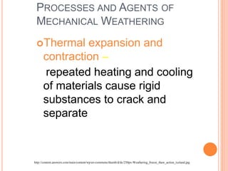 PROCESSES AND AGENTS OF
MECHANICAL WEATHERING
Thermal expansion and
contraction –
repeated heating and cooling
of materials cause rigid
substances to crack and
separate
http://content.answers.com/main/content/wp/en-commons/thumb/d/dc/250px-Weathering_freeze_thaw_action_iceland.jpg
 