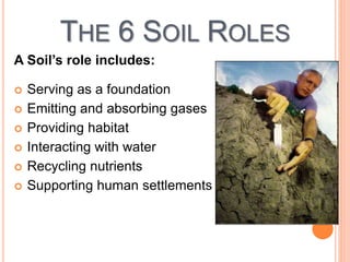THE 6 SOIL ROLES
A Soil’s role includes:
 Serving as a foundation
 Emitting and absorbing gases
 Providing habitat
 Interacting with water
 Recycling nutrients
 Supporting human settlements
 