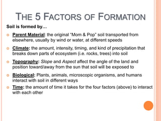 THE 5 FACTORS OF FORMATION
Soil is formed by…
 Parent Material: the original “Mom & Pop” soil transported from
elsewhere, usually by wind or water, at different speeds
 Climate: the amount, intensity, timing, and kind of precipitation that
breaks down parts of ecosystem (i.e. rocks, trees) into soil
 Topography: Slope and Aspect affect the angle of the land and
position toward/away from the sun that soil will be exposed to
 Biological: Plants, animals, microscopic organisms, and humans
interact with soil in different ways
 Time: the amount of time it takes for the four factors (above) to interact
with each other
 