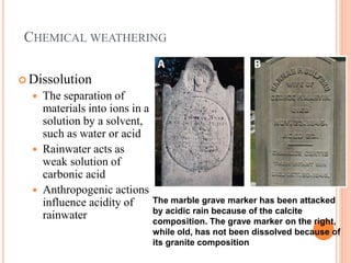 CHEMICAL WEATHERING
 Dissolution
 The separation of
materials into ions in a
solution by a solvent,
such as water or acid
 Rainwater acts as
weak solution of
carbonic acid
 Anthropogenic actions
influence acidity of
rainwater
The marble grave marker has been attacked
by acidic rain because of the calcite
composition. The grave marker on the right,
while old, has not been dissolved because of
its granite composition
 