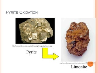 PYRITE OXIDATION
http://www.windows.ucar.edu/earth/geology/images/pyrite_sm.jpg
http://www.dkimages.com/discover/previews/965/75014124.JPG
Pyrite
Limonite
 
