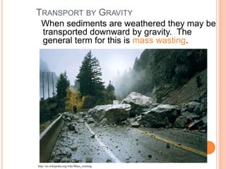 TRANSPORT BY GRAVITY
When sediments are weathered they may be
transported downward by gravity. The
general term for this is mass wasting.
http://en.wikipedia.org/wiki/Mass_wasting
 