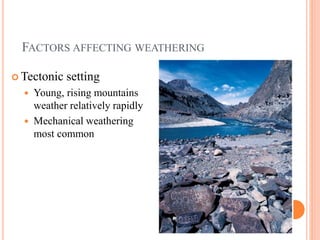 FACTORS AFFECTING WEATHERING
 Tectonic setting
 Young, rising mountains
weather relatively rapidly
 Mechanical weathering
most common
 