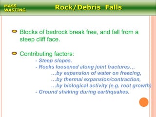 Rock/Debris FallsMASS
WASTING
Blocks of bedrock break free, and fall from a
steep cliff face.
Contributing factors:
- Steep slopes.
- Rocks loosened along joint fractures…
…by expansion of water on freezing,
…by thermal expansion/contraction,
…by biological activity (e.g. root growth)
- Ground shaking during earthquakes.
 