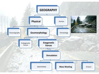 GEOGRAPHY
Physical
Oceanography Geomorphology
Endogenetic
Forces
Exogenetic
Forces
Denudation
WEATHERING Mass Wasting Erosion
Climatology
Human
 