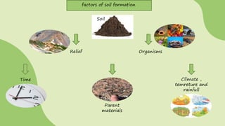 Time
Organisms
Parent
materials
Relief
Climate ,
temreture and
rainfull
Soil
factors of soil formation
 