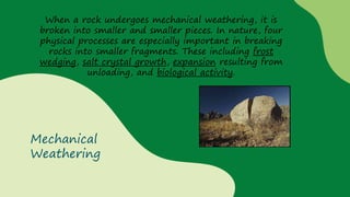 Mechanical
Weathering
When a rock undergoes mechanical weathering, it is
broken into smaller and smaller pieces. In nature, four
physical processes are especially important in breaking
rocks into smaller fragments. These including frost
wedging, salt crystal growth, expansion resulting from
unloading, and biological activity.
 