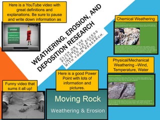 Here is a YouTube video with
      great definitions and
 explanations. Be sure to pause
 and write down information as                       Chemical Weathering
             you go.




                                                   Physical/Mechanical
                                                   Weathering –Wind,
                                                   Temperature, Water
                            Here is a good Power
                              Point with lots of
Funny video that              information and
 sums it all up!                  pictures.
 