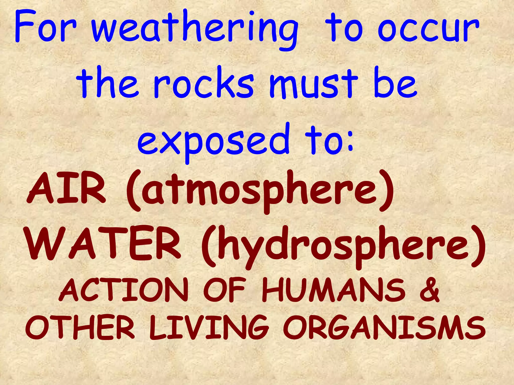 For weathering  to occur the rocks must be exposed to: WATER (hydrosphere) AIR (atmosphere) ACTION OF HUMANS & OTHER LIVING ORGANISMS 