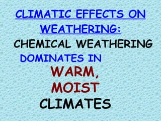 CLIMATIC EFFECTS ON WEATHERING: CHEMICAL WEATHERING  DOMINATES IN WARM, MOIST  CLIMATES 