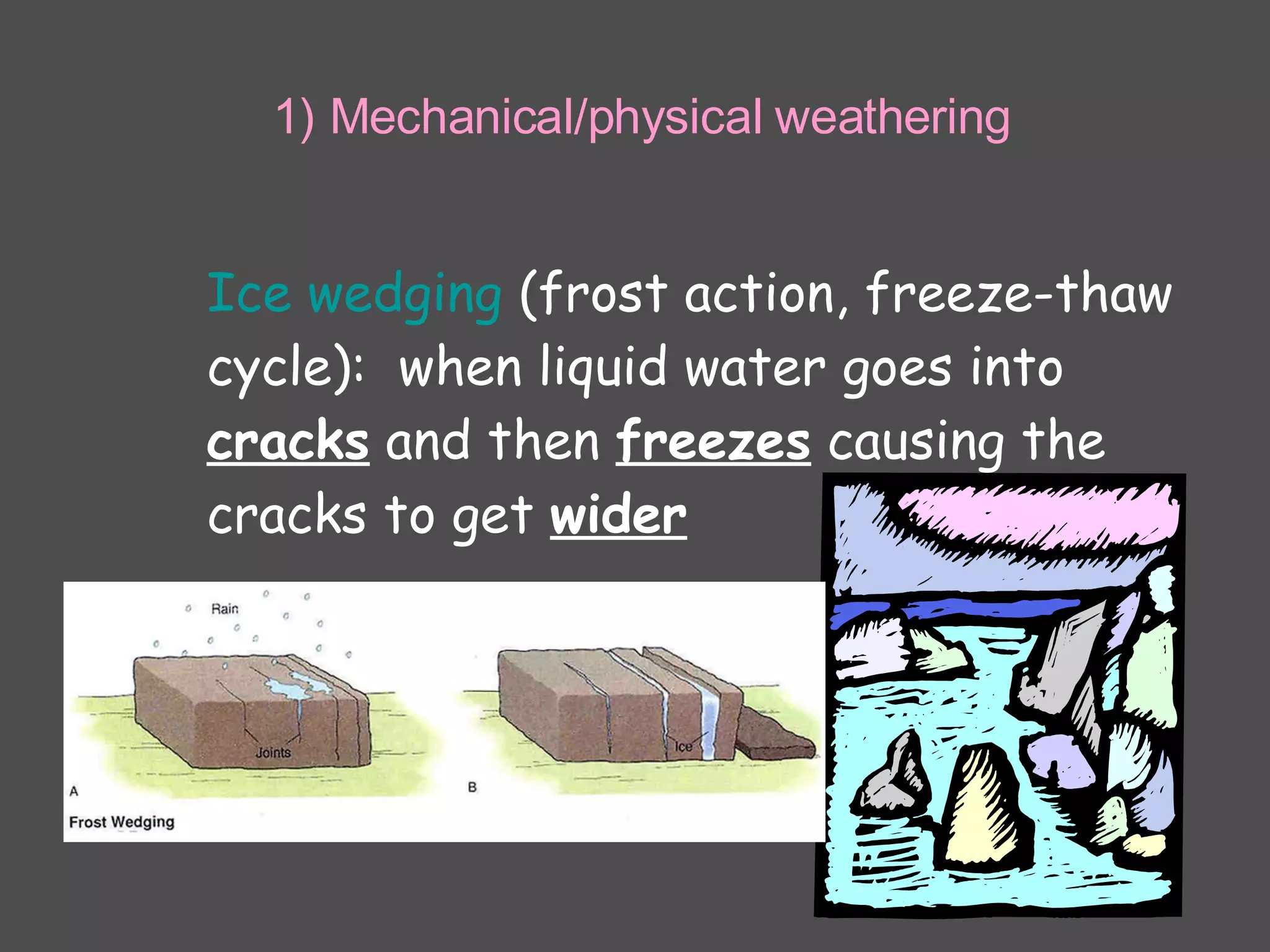 Ice wedging  (frost action, freeze-thaw cycle):  when liquid water goes into  cracks  and then  freezes  causing the cracks to get  wider 1) Mechanical/physical weathering 