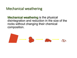 Mechanical weathering
Mechanical weathering is the physical
disintegration and reduction in the size of the
rocks without changing their chemical
composition.
 
