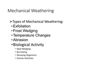 Mechanical Weathering
Types of Mechanical Weathering:
•Exfoliation
•Frost Wedging
•Temperature Changes
•Abrasion
•Biological Activity
• Root Wedging
• Burrowing
• Decaying Organisms
• Human Activities
 
