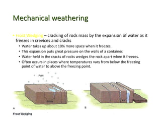 Mechanical weathering
• Frost Wedging – cracking of rock mass by the expansion of water as it
freezes in crevices and cracks
• Water takes up about 10% more space when it freezes.
• This expansion puts great pressure on the walls of a container.
• Water held in the cracks of rocks wedges the rock apart when it freezes.
• Often occurs in places where temperatures vary from below the freezing
point of water to above the freezing point.
 