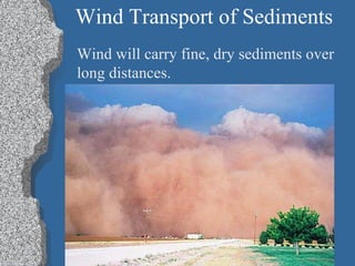 Wind Transport of Sediments Wind will carry fine, dry sediments over  long distances. 