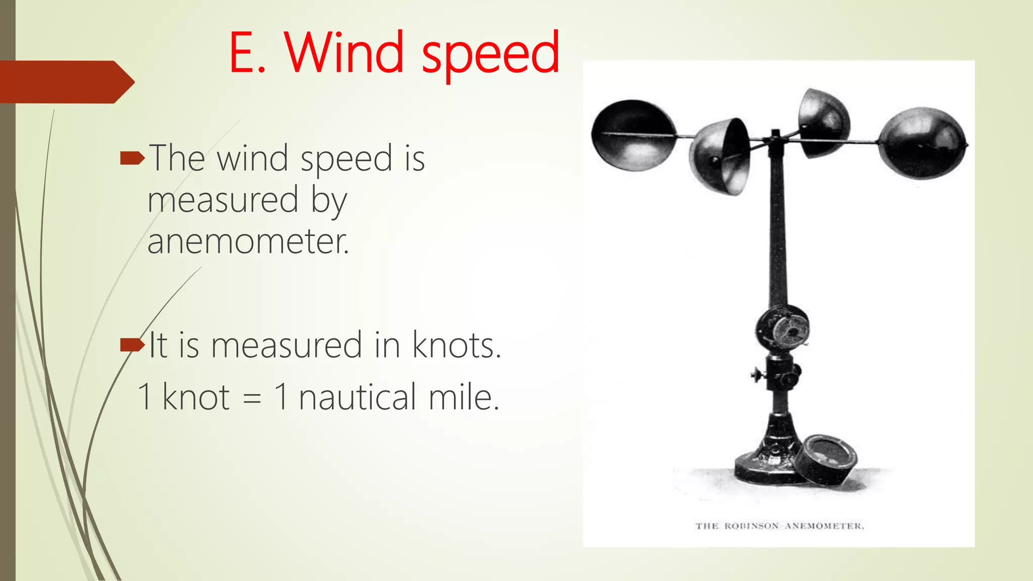 E. Wind speed
The wind speed is
measured by
anemometer.
It is measured in knots.
1 knot = 1 nautical mile.