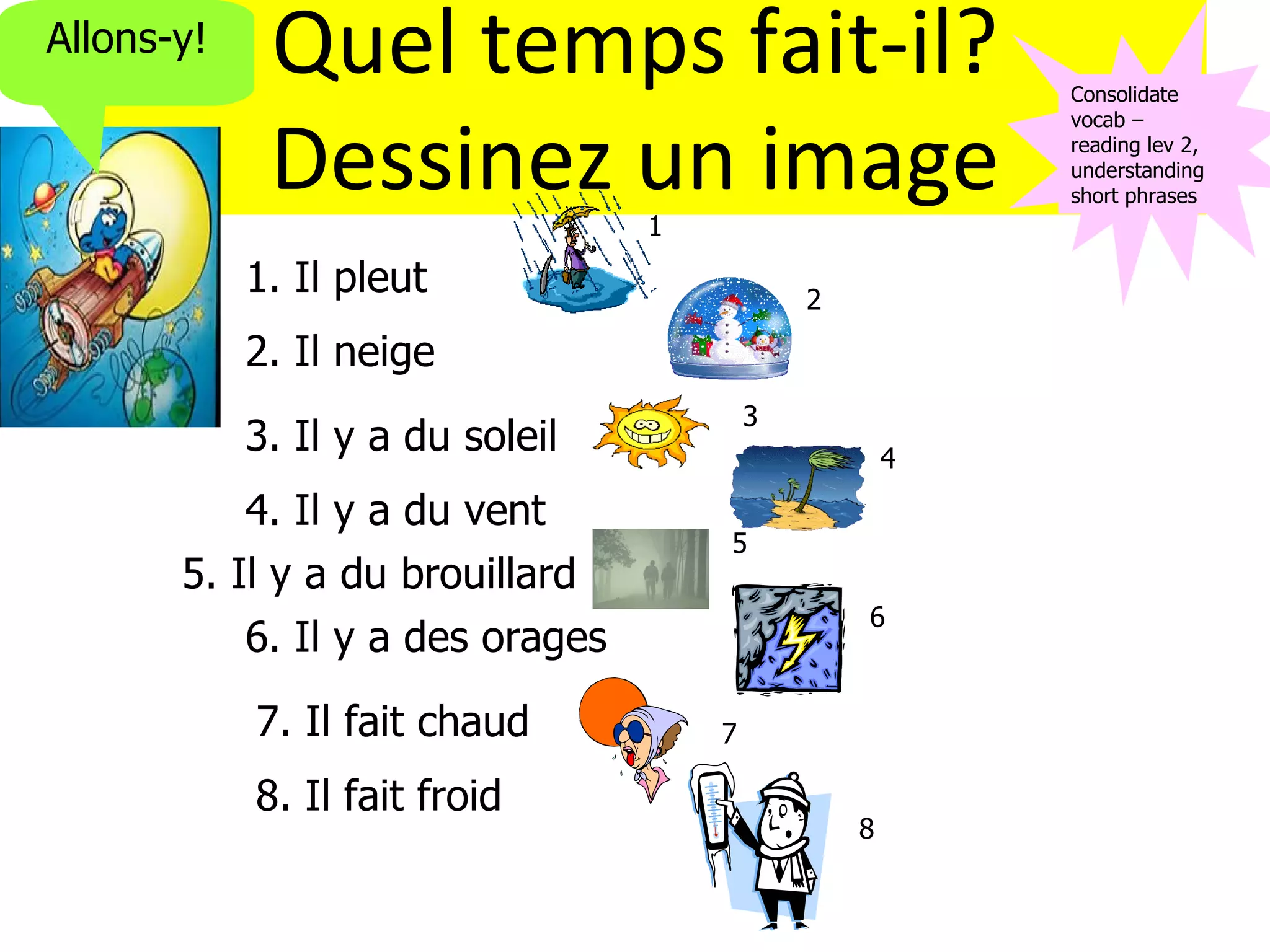 Allons-y!    Quel temps fait-il?                          Consolidate



             Dessinez un image
                                                          vocab –
                                                          reading lev 2,
                                                          understanding
                                                          short phrases
                                  1
            1. Il pleut                       2

            2. Il neige
                                          3
            3. Il y a du soleil                       4

           4. Il y a du vent
                                      5
       5. Il y a du brouillard
                                                  6
           6. Il y a des orages
            7. Il fait chaud          7

            8. Il fait froid
                                                  8
 