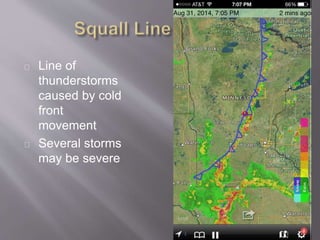 Line of 
thunderstorms 
caused by cold 
front 
movement 
Several storms 
may be severe 
 