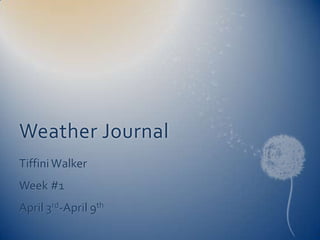 Weather Journal
Tiffini Walker
Week #1
April 3rd-April 9th
 