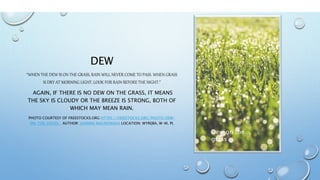 DEW
“WHEN THE DEW IS ON THE GRASS, RAIN WILL NEVER COME TO PASS. WHEN GRASS
IS DRY AT MORNING LIGHT, LOOK FOR RAIN BEFORE THE NIGHT.”
AGAIN, IF THERE IS NO DEW ON THE GRASS, IT MEANS
THE SKY IS CLOUDY OR THE BREEZE IS STRONG, BOTH OF
WHICH MAY MEAN RAIN.
PHOTO COURTESY OF FREESTOCKS.ORG HTTPS://FREESTOCKS.ORG/PHOTO/DEW-
ON-THE-GRASS/ AUTHOR: JOANNA MALINOWSKA LOCATION: WYRĘBA, W-M, PL
Dew on the
grass
 