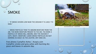 SMOKE
• “IF SMOKE HOVERS LOW NEAR THE GROUND IT IS LIKELY TO
RAIN.”
• SMOKE PARTICLES TEND TO ABSORB MOISTURE FROM THE
AIR. THE MORE MOISTURE PRESENT IN THE AIR, THE MORE A
PARTICLE OF SMOKE WILL ABSORB, AND THE HEAVIER IT
GETS. HEAVY, MOISTURE-LADEN SMOKE PARTICLES DO NOT
DISPERSE AS EASILY AS THE LIGHTER, DRY ONES DO.
Free photos Campfire Ashes | Avopix.com
Campfire smoke and grey ashes with burning dry
grass and leaves in autumn day.
 