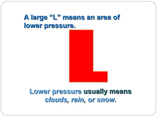 A large “L” means an area of
lower pressure.

Lower pressure usually means
clouds, rain, or snow.

 