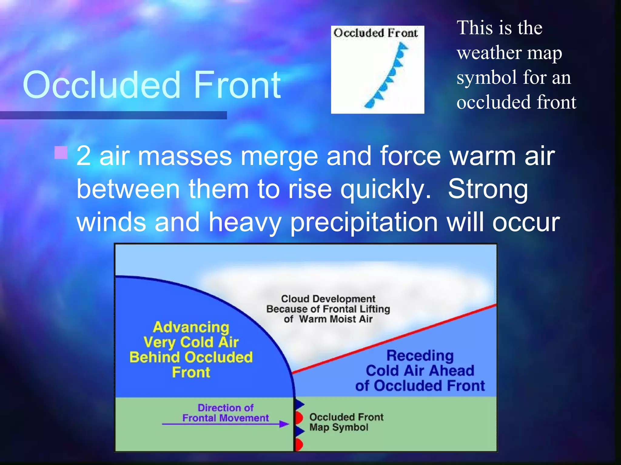 Occluded Front
 2 air masses merge and force warm air
between them to rise quickly. Strong
winds and heavy precipitation will occur
This is the
weather map
symbol for an
occluded front
 