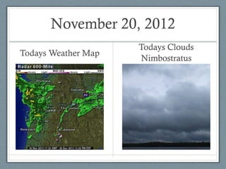 November 20, 2012
                     Todays Clouds
Todays Weather Map
                     Nimbostratus
 