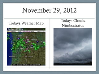 November 29, 2012
                     Todays Clouds
Todays Weather Map
                     Nimbostratus
 