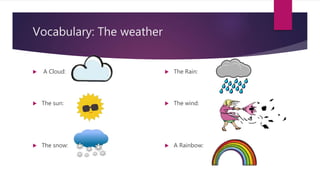 Vocabulary: The weather
 A Cloud:
 The sun:
 The snow:
 The Rain:
 The wind:
 A Rainbow:
 