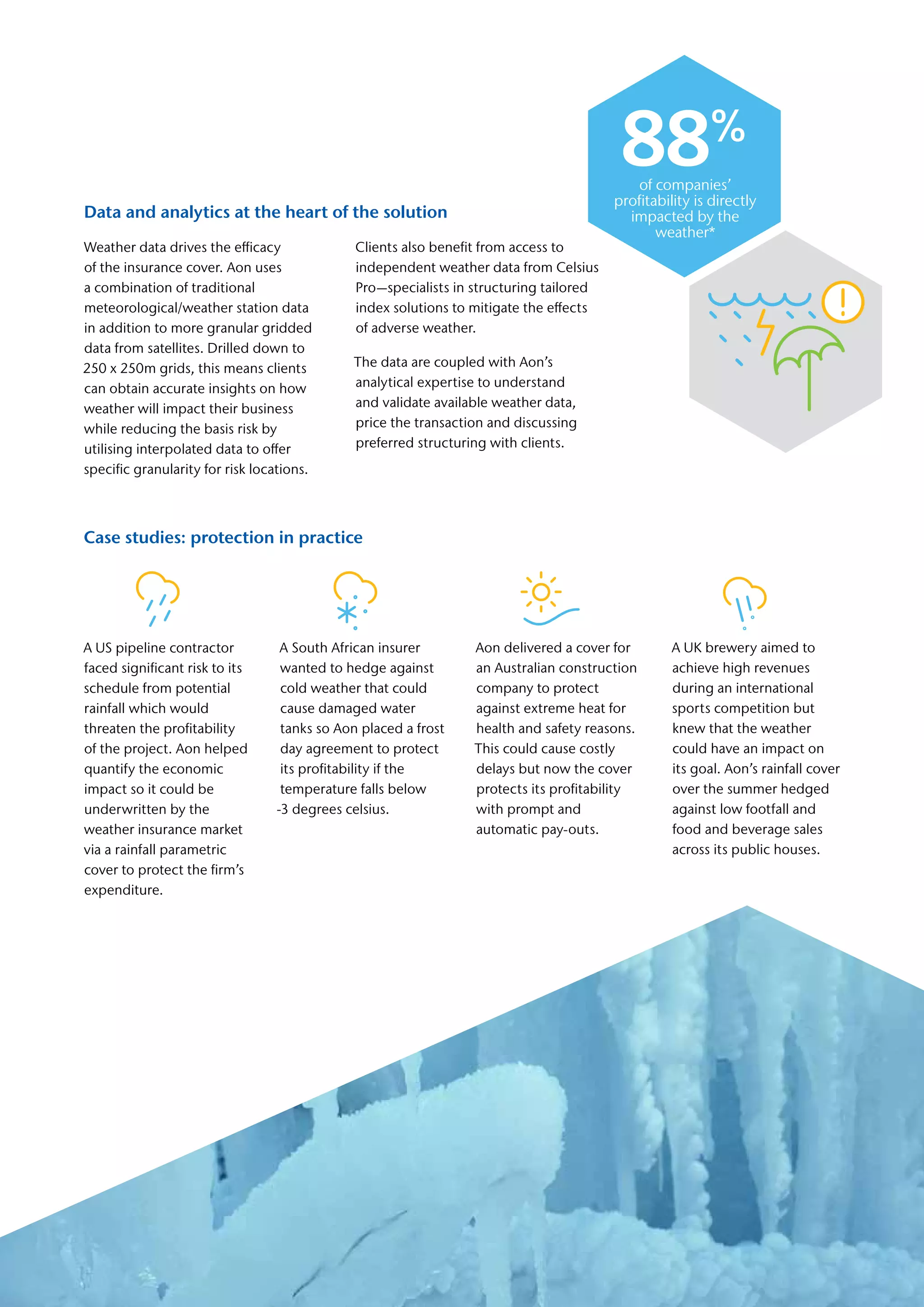 Data and analytics at the heart of the solution
Weather data drives the efficacy
of the insurance cover. Aon uses
a combination of traditional
meteorological/weather station data
in addition to more granular gridded
data from satellites. Drilled down to
250 x 250m grids, this means clients
can obtain accurate insights on how
weather will impact their business
while reducing the basis risk by
utilising interpolated data to offer
specific granularity for risk locations.
Clients also benefit from access to
independent weather data from Celsius
Pro—specialists in structuring tailored
index solutions to mitigate the effects
of adverse weather.
The data are coupled with Aon’s
analytical expertise to understand
and validate available weather data,
price the transaction and discussing
preferred structuring with clients.
Case studies: protection in practice
A US pipeline contractor
faced significant risk to its
schedule from potential
rainfall which would
threaten the profitability
of the project. Aon helped
quantify the economic
impact so it could be
underwritten by the
weather insurance market
via a rainfall parametric
cover to protect the firm’s
expenditure.
A South African insurer
wanted to hedge against
cold weather that could
cause damaged water
tanks so Aon placed a frost
day agreement to protect
its profitability if the
temperature falls below
-3 degrees celsius.
Aon delivered a cover for
an Australian construction
company to protect
against extreme heat for
health and safety reasons.
This could cause costly
delays but now the cover
protects its profitability
with prompt and
automatic pay-outs.
A UK brewery aimed to
achieve high revenues
during an international
sports competition but
knew that the weather
could have an impact on
its goal. Aon’s rainfall cover
over the summer hedged
against low footfall and
food and beverage sales
across its public houses.
88%
of companies’
profitability is directly
impacted by the
weather*
 