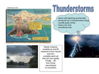 •storm with lightning and thunder.
•produced by a cumulonimbus cloud,
•usually gusty winds,
•heavy rain and
•sometimes hail.
Needs moisture,
unstable air and lift.
moisture to form clouds
and rain,
unstable warm air
that can rise rapidly.
Finally… lift.
from fronts,
sea breezes
or mountains.
 