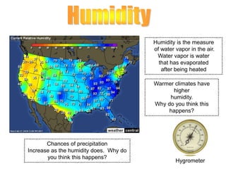 Humidity is the measure
of water vapor in the air.
Water vapor is water
that has evaporated
after being heated
Chances of precipitation
Increase as the humidity does. Why do
you think this happens?
Warmer climates have
higher
humidity.
Why do you think this
happens?
Hygrometer
 