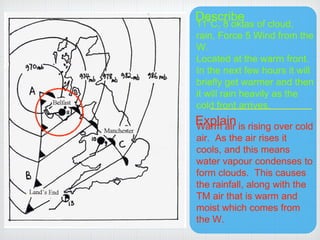Describe
Explain
11
o
C, 8 oktas of cloud,
rain, Force 5 Wind from the
W.
Located at the warm front.
In the next few hours it will
briefly get warmer and then
it will rain heavily as the
cold front arrives.
Warm air is rising over cold
air. As the air rises it
cools, and this means
water vapour condenses to
form clouds. This causes
the rainfall, along with the
TM air that is warm and
moist which comes from
the W.
 
