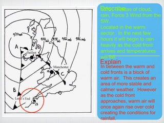 Describe
Explain
13
o
C, 3 oktas of cloud,
rain, Force 3 Wind from the
SW.
Located in the warm
sector. In the next few
hours it will begin to rain
heavily as the cold front
arrives and temperatures
will fall.
In between the warm and
cold fronts is a block of
warm air. This creates an
area of more stable and
calmer weather. However
as the cold front
approaches, warm air will
once again rise over cold
creating the conditions for
rainfall.
 