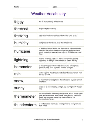 Name ___________________________ Date ___________________
©Teachnology, Inc. All Rights Reserved. 1
Weather Vocabulary
foggy full of or covered by dense clouds.
forecast to predict (the weather).
freezing at or near the temperature at which water turns to ice.
humidity dampness or moistness, as of the atmosphere.
hurricane
a powerful cyclonic storm that originates in the West Indian
region of the Atlantic Ocean and that has heavy rains and
winds exceeding seventy-three miles, or 119 kilometers, per
hour.
lightning natural electricity produced in thunderstorm clouds and
appearing as a bright flash or streak of light in the sky.
barometer a meteorological instrument that measures atmospheric
pressure, esp. used to predict weather changes.
rain water vapor in the atmosphere that condenses and falls from
the sky to earth.
snow a frozen form of precipitation that falls as ice crystals formed
into flakes.
sunny exposed to or warmed by sunlight, esp. during much of each
day.
thermometer
an instrument for measuring temperature, esp. a sealed glass
tube with a calibrated scale on the outside and a column of
liquid, usu. mercury, inside that rises or falls as the
temperature changes .
thunderstorm a brief electrical storm usu. accompanied by heavy rain and
high winds.
 
