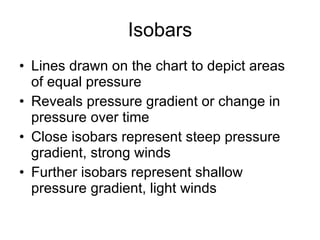 Isobars Lines drawn on the chart to depict areas of equal pressure Reveals pressure gradient or change in pressure over time Close isobars represent steep pressure gradient, strong winds Further isobars represent shallow pressure gradient, light winds 