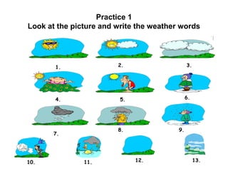 Practice 1
Look at the picture and write the weather words
1. 2. 3.
4. 5. 6.
8. 9.
7.
10. 11. 12. 13.