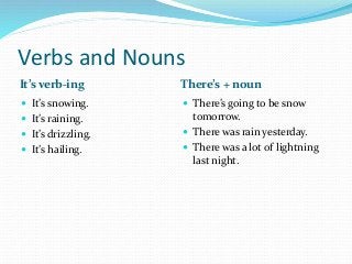 Verbs and Nouns
It’s verb-ing There’s + noun
 It’s snowing.
 It’s raining.
 It’s drizzling.
 It’s hailing.
 There’s going to be snow
tomorrow.
 There was rain yesterday.
 There was a lot of lightning
last night.
 