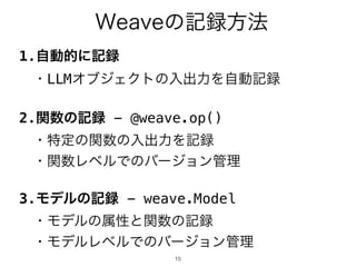 15
Weaveの記録方法
1.自動的に記録
・LLMオブジェクトの入出力を自動記録
2.関数の記録 - @weave.op()
・特定の関数の入出力を記録
・関数レベルでのバージョン管理
3.モデルの記録 - weave.Model
・モデルの属性と関数の記録
・モデルレベルでのバージョン管理
 